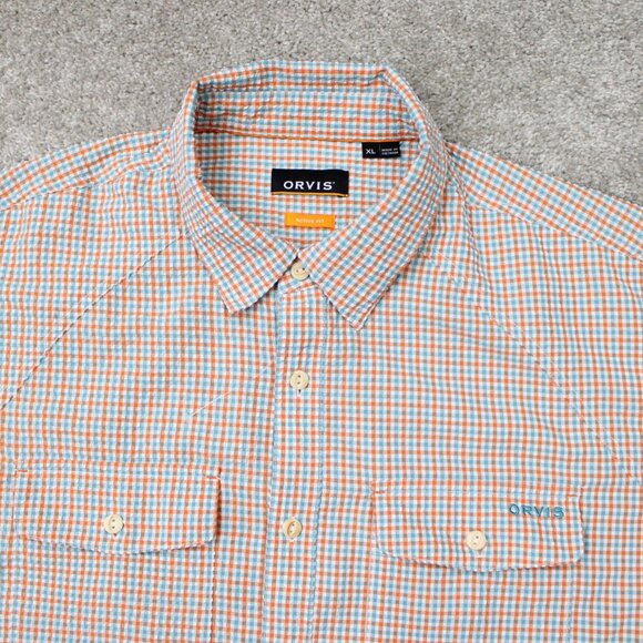 Orvis Seersucker Shirt Mens XL Orange/Blue Active Fit Poly/Nylon S/S Button Down - Picture 5 of 15
